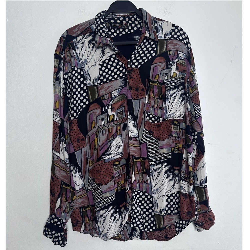 Vintage Thums Up Cool Guy Abstract Geometric Patchwork Print Polka Dot Shirt M